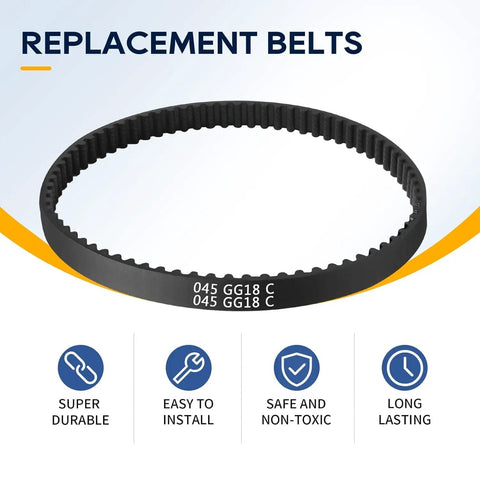 Replacement belt shown with text highlighting durability and ease of installation.