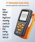 Handheld Manometer Gas Pressure Tester with rubber case and digital display for HVAC Pros and DIYers, 11 scale units shown