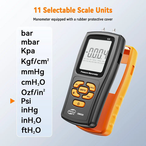 Handheld Manometer Gas Pressure Tester with rubber case and digital display for HVAC Pros and DIYers, 11 scale units shown