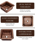 12 Inch Hand Hammered Copper Bar Prep Sink With Dual Mount Drop In Or Undermount Install Glasgow Style Single Bowl features