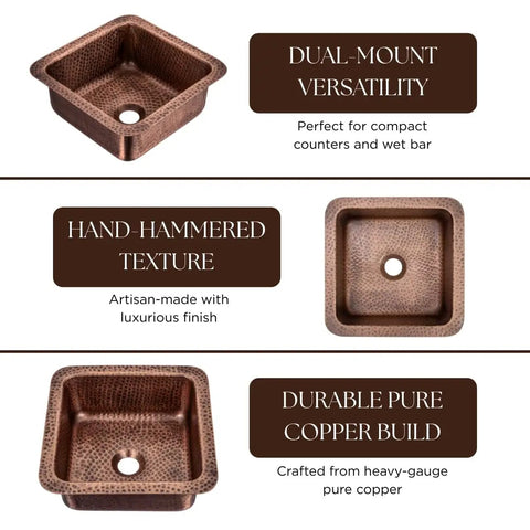 12 Inch Hand Hammered Copper Bar Prep Sink With Dual Mount Drop In Or Undermount Install Glasgow Style Single Bowl features