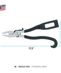 Compact Rescue Tool With Lock, 9 Inch Spring Loaded Multitool For Emergency Use, shown with measurements and technical specs