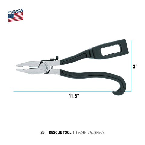 Compact Rescue Tool With Lock, 9 Inch Spring Loaded Multitool For Emergency Use, shown with measurements and technical specs
