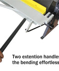 Close-up of handle on Box And Pan Style Metal Brake For 50 Inch Sheet Metal, 16 Gauge Capacity Up To 135 Degree Bends in use