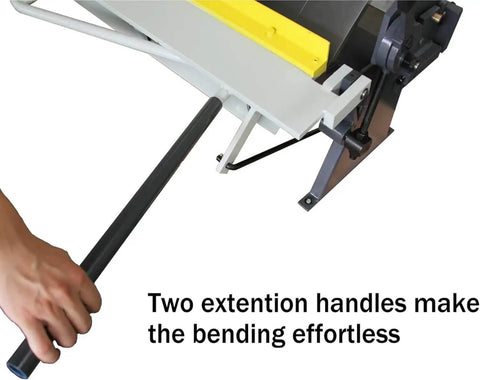 Close-up of handle on Box And Pan Style Metal Brake For 50 Inch Sheet Metal, 16 Gauge Capacity Up To 135 Degree Bends in use
