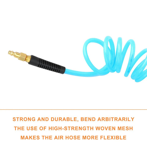 Reinforced Polyurethane Recoil Air Hose Ten Feet With Bend Restrictor And Quarter Inch Quick Coupler And Plug