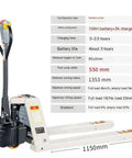 Heavy Duty Manual Pallet Jack With 1500 Kg Capacity, robust alloy steel frame with specifications on battery and fork dimensions.