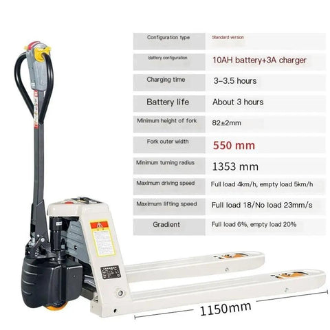 Heavy Duty Manual Pallet Jack With 1500 Kg Capacity, robust alloy steel frame with specifications on battery and fork dimensions.