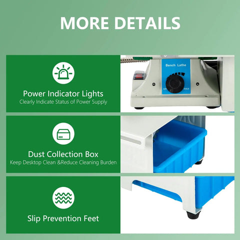 Detail features of 5-In-1 Lapidary Saw Kit including power indicator lights, dust collection box, and slip prevention feet