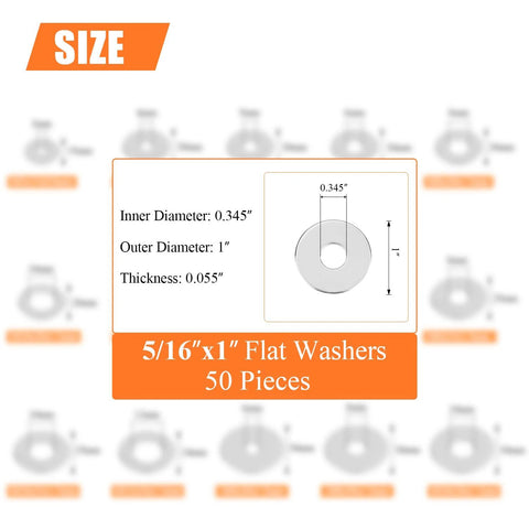 Flat washers, inner diameter 0.345", outer diameter 1", thickness 0.055", stainless 304, 50 pieces
