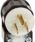 Close-up of Industrial Grade 15 Amp 125 Volt Angle Plug With Grounding And Straight Blade, Dual Color Black White, Model 5266 CA.