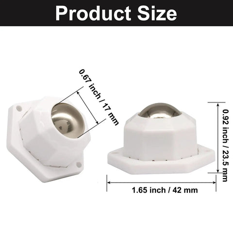 Self Adhesive Furniture Casters White 4 Pack Featuring Hella Smooth Rolling Wheels size dimensions shown in inches and millimeters.