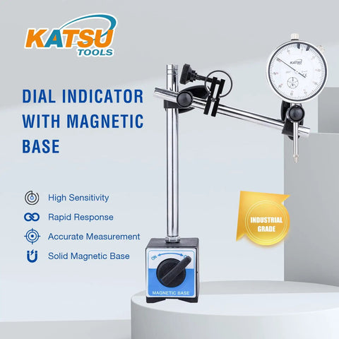 Dial Indicator With Magnetic Base 0-1.0 In Range, 0.001 In Precision, Pro Level Kit with Multi Angle Arm displayed on stand
