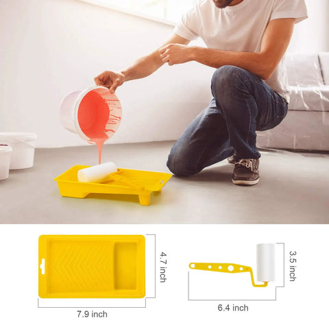 Person pouring pink paint into tray, part of Complete Home Paint Supplies Kit With Round Sponge Applicator, 1.6 Inch Paint Brush, 3 Inch Roller Brushes, And Paint Tray Liner For Walls, DIY Finish All In One Pro Grade Set showing dimensions.