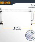 Beefy Heavy Duty 6 Inch F Style Bar Clamps 480 Lb Clamping Force 3 And 1 Eighth Inch Throat Built For Woodworking Cabinetry Welding And Workshop Projects 2 Pack dimensions chart, 6-5/16 jaw opening, 3-1/8 throat depth