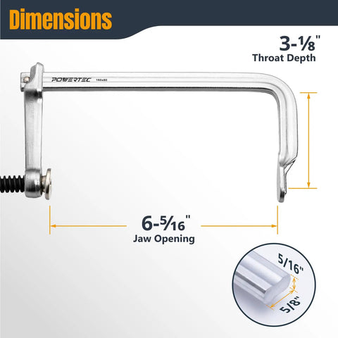 Beefy Heavy Duty 6 Inch F Style Bar Clamps 480 Lb Clamping Force 3 And 1 Eighth Inch Throat Built For Woodworking Cabinetry Welding And Workshop Projects 2 Pack dimensions chart, 6-5/16 jaw opening, 3-1/8 throat depth