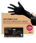 Person wearing Black Nitrile 5 Mil Disposable Gloves With Textured Fingertips, Powder Free, Medical Industrial And Automotive Use, Size Medium 8, Durable Grip For Hands, Case Of 1000 in front of glove packaging box.