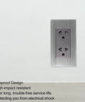 Heavy Duty Stainless Steel Wall Outlet Featuring A Fireproof Electrical Receptacle That Is Totally Badass And Built To Resist Corrosion While Delivering Rock Solid Connections In Each 10 Pack Box mounted on a wall.