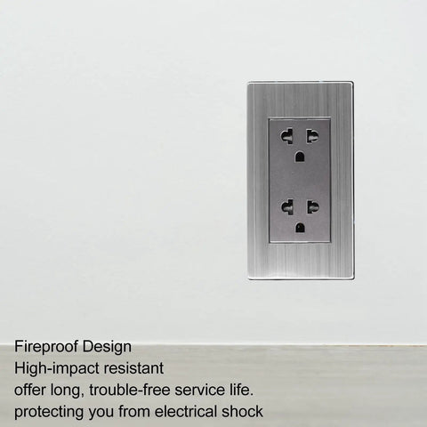 Heavy Duty Stainless Steel Wall Outlet Featuring A Fireproof Electrical Receptacle That Is Totally Badass And Built To Resist Corrosion While Delivering Rock Solid Connections In Each 10 Pack Box mounted on a wall.