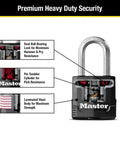 Diagram of Magnum Heavy Duty Outdoor Padlock With Key Weather Resistant Body And Cut Safe Shackle features, including dual ball bearing lock.