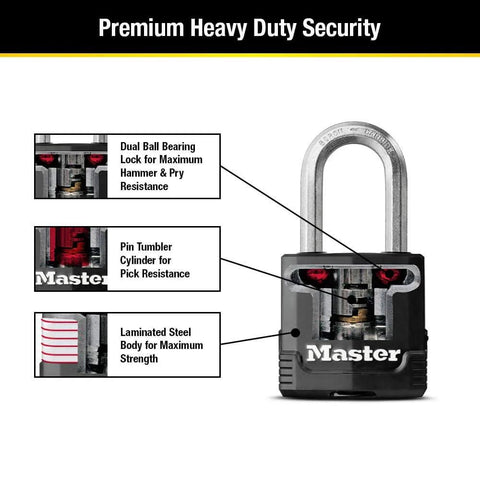 Diagram of Magnum Heavy Duty Outdoor Padlock With Key Weather Resistant Body And Cut Safe Shackle features, including dual ball bearing lock.