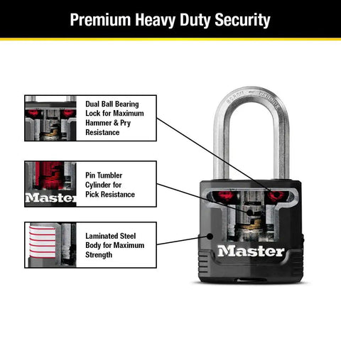 Diagram of heavy duty weather resistant padlock with dual armor construction and labeling for toughness and security features.