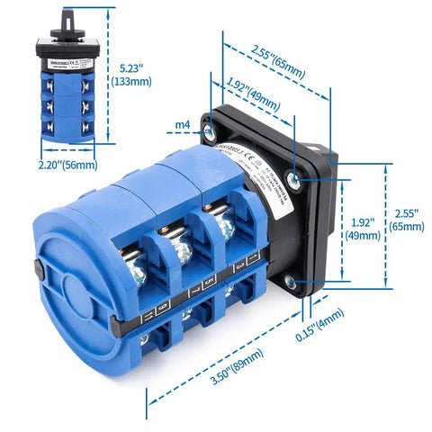 Built Tough Rotary Changeover Switch 63A 3-Position 1-0-2 Circuit With Center Off 12-Terminal Cam Selector dimensions
