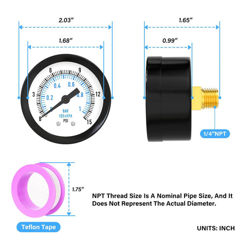 Well Pump Pressure Gauge 0 To 15 Psi, 1 Quarter In NPT, 2 In Dial, Center Back Mount, shown with Teflon tape for DIY projects.