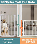 38" Extra Tall Pet Gate comparison with dog behind Extra Tall Baby Gate Stand 38 Inch Tall Adjustable Wide 25.59 To 84.64 Inch Metal Walk Through Gate For Doorways And Stairs No Drill Pressure Mounted Safety Gate For Pets And Kids Easy Setup And Secure Locking
