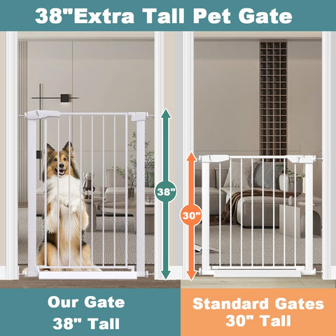 38-inch tall dog behind Ultra Tall 38 Inch Baby And Pet Gate For Stairs And Doorways Auto Close Metal Safety Gate compared to standard size