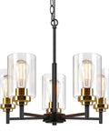 Modern Farmhouse 5 Light Chandelier For Dining Room And Kitchen Island Dope Industrial Black Pendant Lighting With Glass Shades
