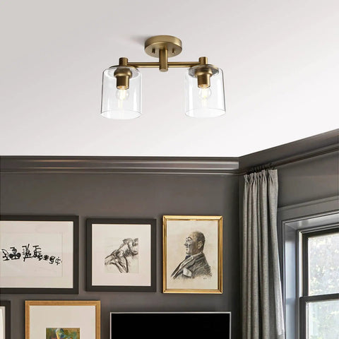 2 Light Industrial Pendant Ceiling Light With Glass Shade Semi Flush Mount Fixture For Hallway Loft Kitchen Bar Living Room Dope Modern Farmhouse Decor