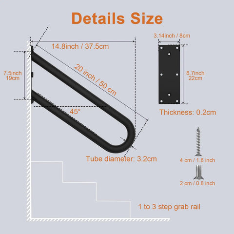 Diagram showing dimensions of the 20 Inch Stainless Steel Handrail For 1 To 3 Steps, 1.25 Inch Tube, Oil Rubbed White Safety Grab Bar.