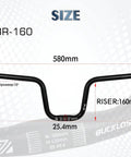Wide 580mm aluminum alloy handlebar with 25.4mm clamp, high rise 160mm for mountain bikes; CNC bent, hard anodized finish.