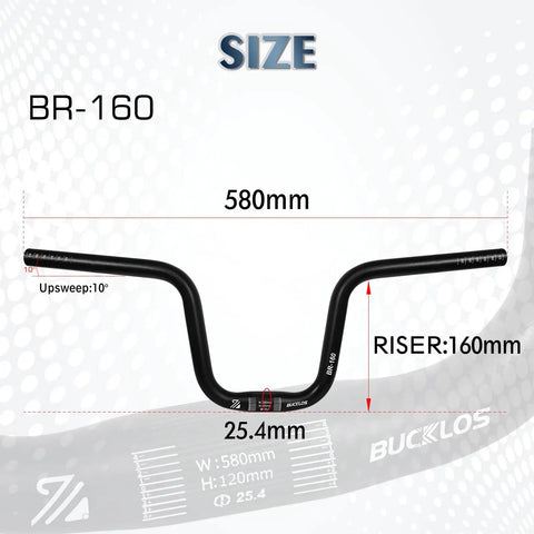 Wide 580mm aluminum alloy handlebar with 25.4mm clamp, high rise 160mm for mountain bikes; CNC bent, hard anodized finish.