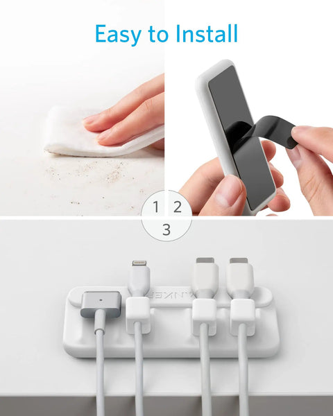 Magnetic Cable Organizer with Five Clips for Lightning USB C Micro USB and Other Wires on desk, installation shown.