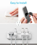Installation steps for magnetic cable holder with 5 clips for lightning, USB C, micro USB sticks to surfaces for easy cable control.