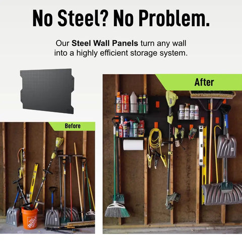 Garage storage before and after using steel wall panels for organization