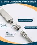 Water Flow Control Valve With Brass Shut Off For Dual Shower Faucets And RV Shower Head Hose No More Wasting Hot Water With Easy Flow Adjustment Brushed Nickel Finish, showing 1/2 IPS universal connection with labeled female and male threads.