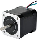NEMA 17 stepper motor with silver faceplate and black housing; 4-wire bipolar, front shaft.