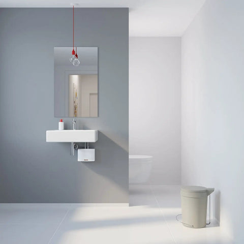 Compact Tankless Electric Water Heater For Handwashing Sink 5.7 kW 240V installed under a modern bathroom sink