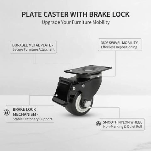Easy Install Plate Caster With Brake Swivel Nylon Wheel For Smooth Furniture Mobility Ideal For Workbenches Storage