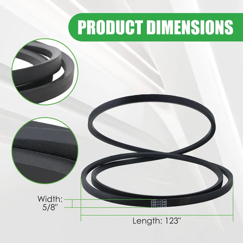Heavy Duty Five Eighth Inch By One Hundred Twenty Three Inch Mower Deck Belt For Z246 Z Series And RZ Series Forty Six Inch Decks Built Tough For A Precise Fit And Real Durable Construction Compatible With A Range Of Models dimensions shown