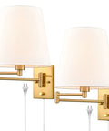 Gold Swing Arm Wall Sconces Two Pack Plug In Brass Wall Lights With White Fabric Shade Adjustable Arms Modern Brass Finish