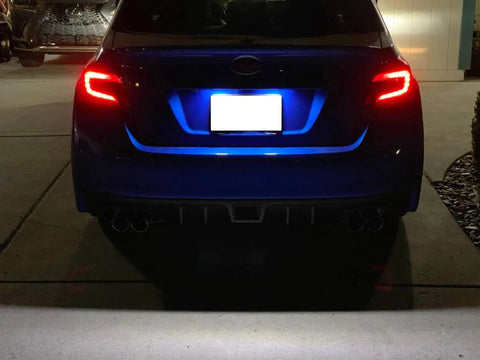 Night view of car rear with OEM-Fit 3W Full LED License Plate Light Kit Direct Fit For Scion FR-S Toyota 86 Subaru BRZ Impreza installed.