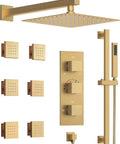 GRANDJOY 12" Shower System with Handheld Spray, Brushed Gold, featuring rainfall head and six body jets.