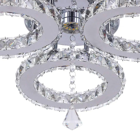 Close-up of Three Ring Crystal Ceiling Light Chandelier Flush Mount LED Cool White 6000K 13x3.5 Inches Modern Fixture Detail