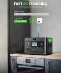 Heavy Hitter 2400W Portable Power Station With 1843Wh Battery Capacity And Dual 200W Solar Panels For Off Grid Camping And Whole Home Backup Take Charge charging in kitchen.
