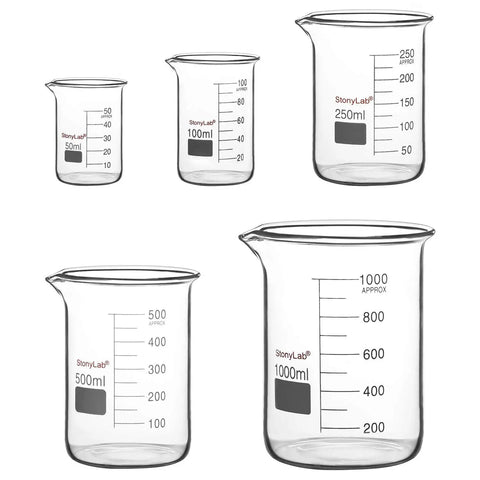 Five Size Borosilicate Griffin Low Form Beaker Set For Lab And Home Use 50 Ml 100 Ml 250 Ml 500 Ml 1000 Ml Heat Resistant Graduated Glass