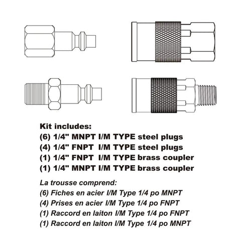 Diagram showing components of 12 Piece One Quarter Inch Quick Connect Air Fittings Set With Brass Couplers And Hardened Steel Plugs